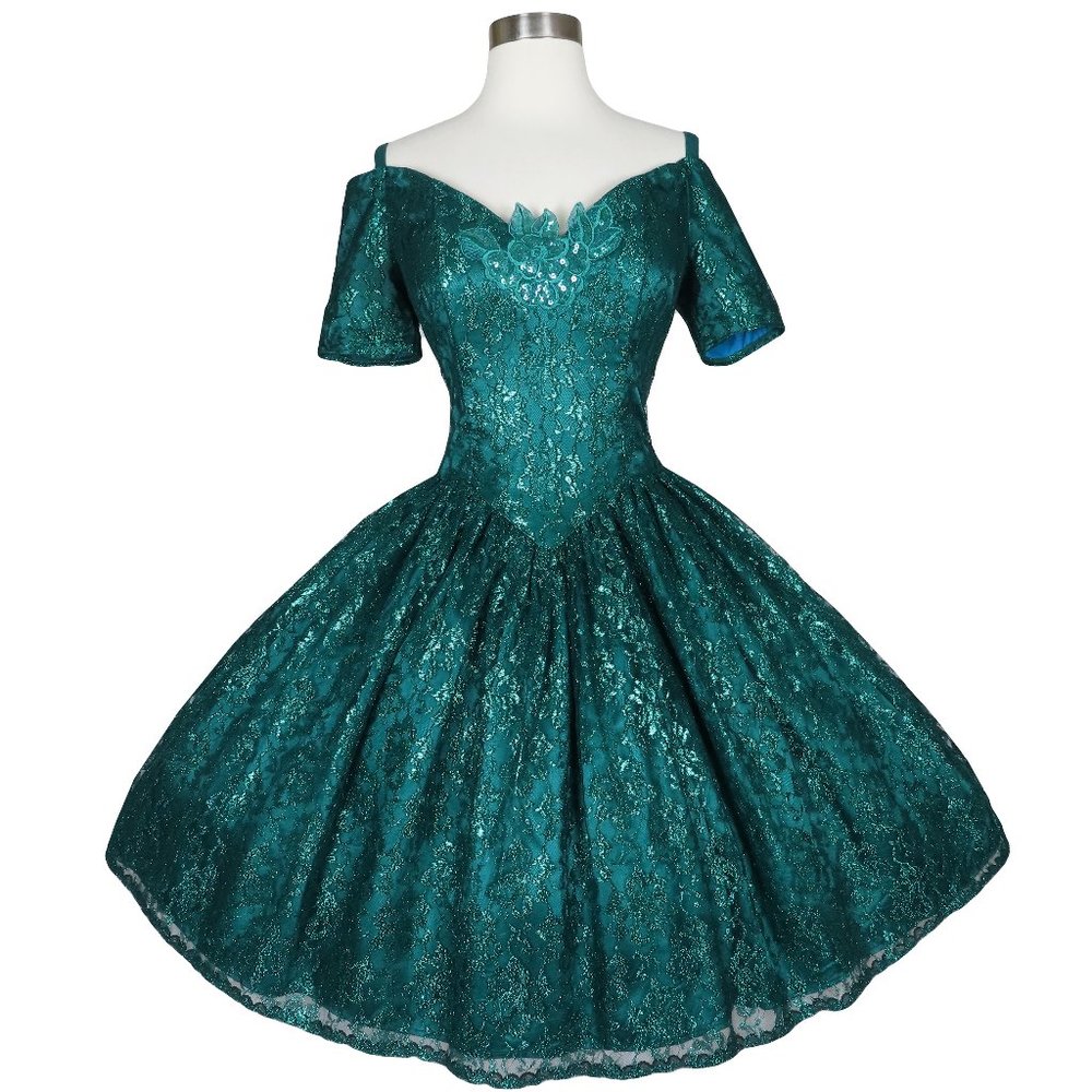 Vintage 80s Gunne Sax Green Metallic Lurex Floral Lace Full Skirt Prom Dress S - Picture 1 of 12